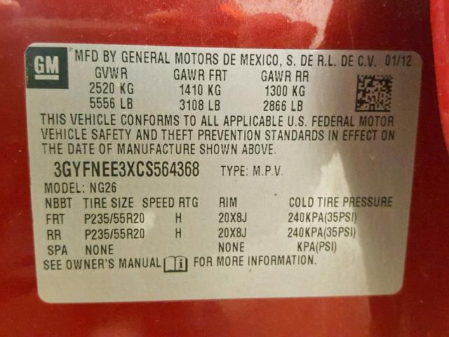 3GYFNEE3XCS564368 - 2012 CADILLAC SRX PERFOR წითელი ფოტო 10