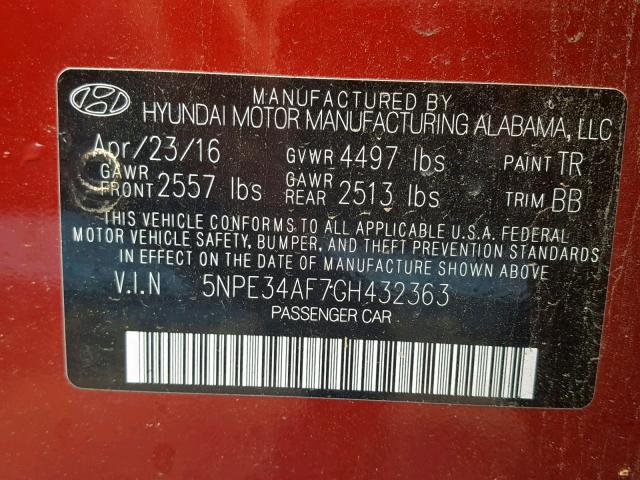 5NPE34AF7GH432363 - 2016 HYUNDAI SONATA SPO MAROON photo 10