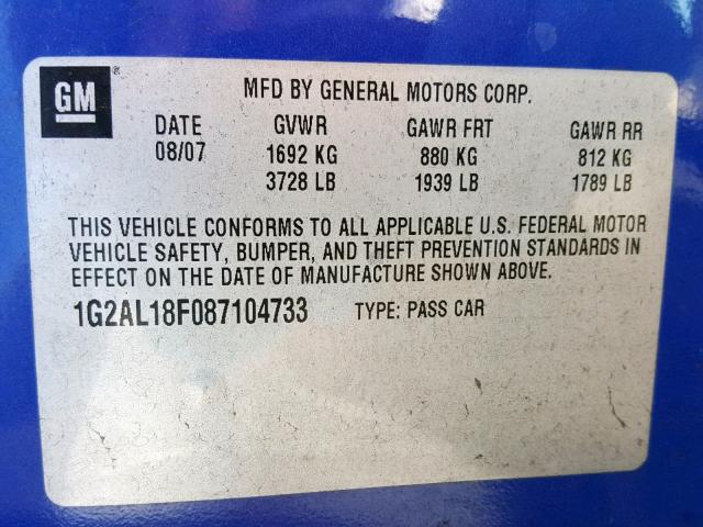 1G2AL18F087104733 - 2008 PONTIAC G5 BLUE photo 10