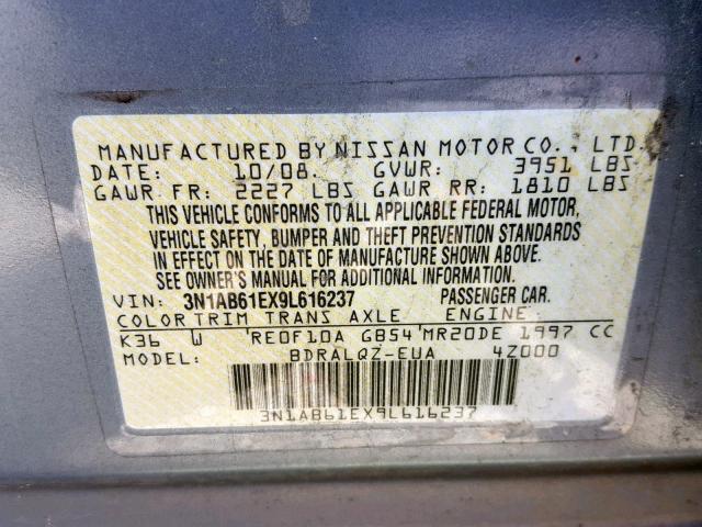 3N1AB61EX9L616237 - 2009 NISSAN SENTRA 2.0 GRAY photo 10