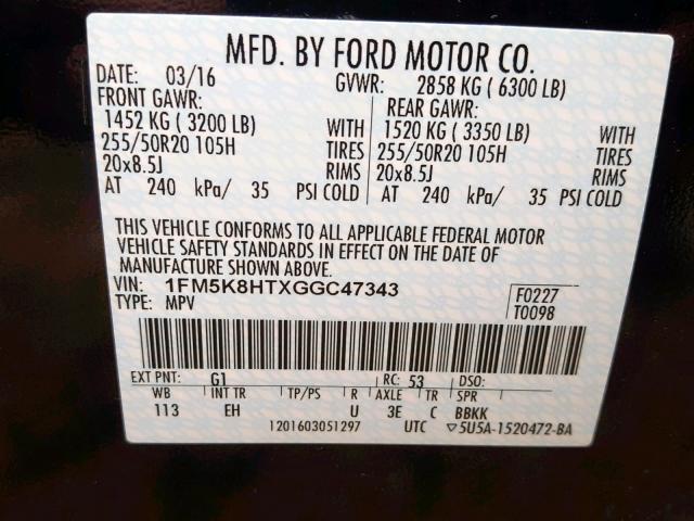 1FM5K8HTXGGC47343 - 2016 FORD EXPLORER P BLACK photo 10