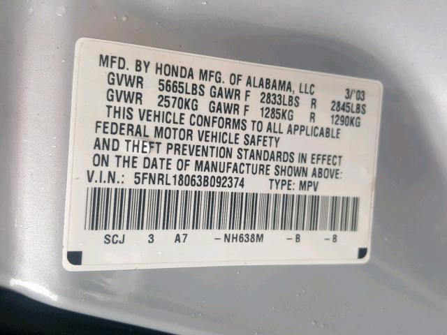 5FNRL18063B092374 - 2003 HONDA ODYSSEY EX SILVER photo 10