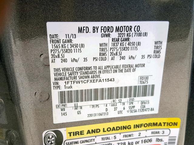 1FTFW1CFXEFA11543 - 2014 FORD F150 SUPER GRAY photo 10