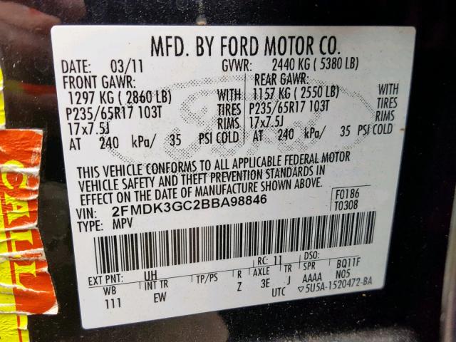 2FMDK3GC2BBA98846 - 2011 FORD EDGE SE BLACK photo 10