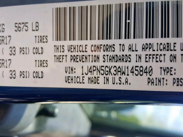 1J4PN5GK3AW145840 - 2010 JEEP LIBERTY LI BLUE photo 10