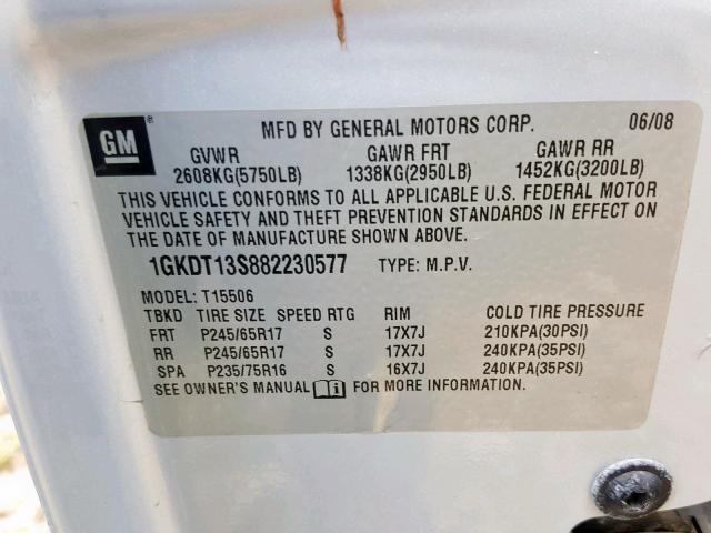 1GKDT13S882230577 - 2008 GMC ENVOY GRAY photo 10