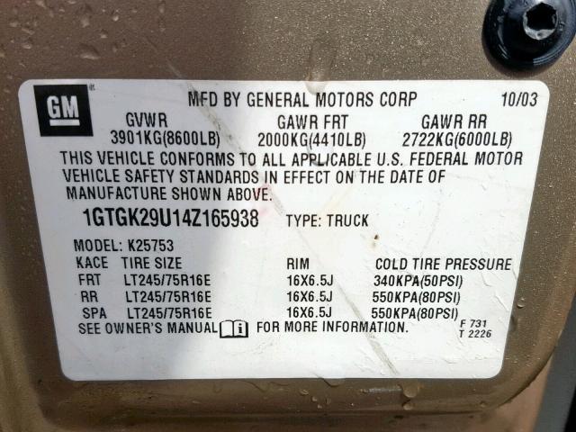 1GTGK29U14Z165938 - 2004 GMC NEW SIERRA GOLD photo 10