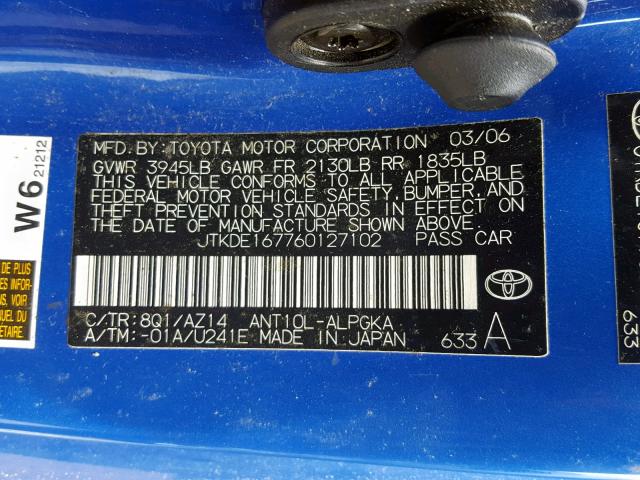 JTKDE167760127102 - 2006 TOYOTA SCION TC BLUE photo 10