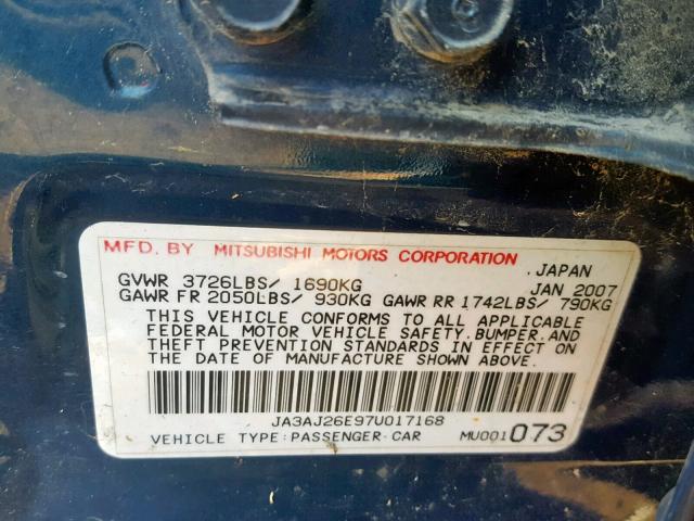 JA3AJ26E97U017168 - 2007 MITSUBISHI LANCER ES BLUE photo 10