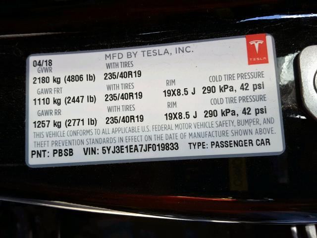 5YJ3E1EA7JF019833 - 2018 TESLA MODEL 3 BLACK photo 10