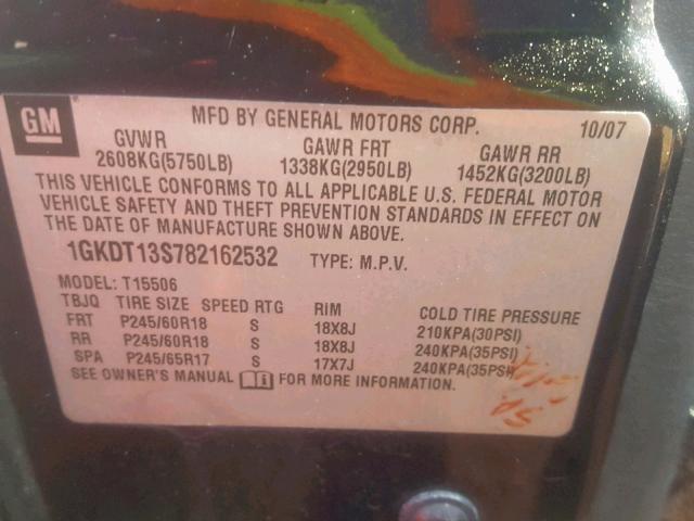 1GKDT13S782162532 - 2008 GMC ENVOY BLACK photo 10