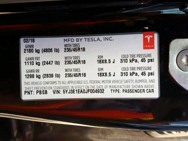 5YJ3E1EA0JF004932 - 2018 TESLA MODEL 3 BLACK photo 10