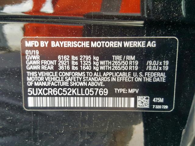 5UXCR6C52KLL05769 - 2019 BMW X5 XDRIVE4 BLACK photo 10