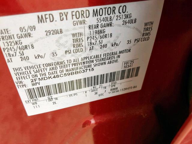 2FMDK48C59BB03715 - 2009 FORD EDGE SEL RED photo 10