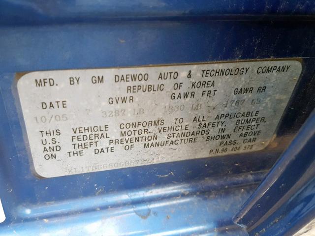 KL1TD66606B572741 - 2006 CHEVROLET AVEO BASE Көк фото 10