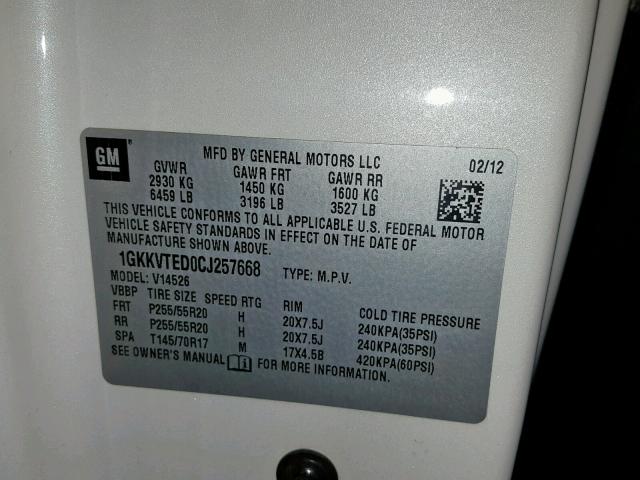 1GKKVTED0CJ257668 - 2012 GMC ACADIA DEN CREAM photo 10