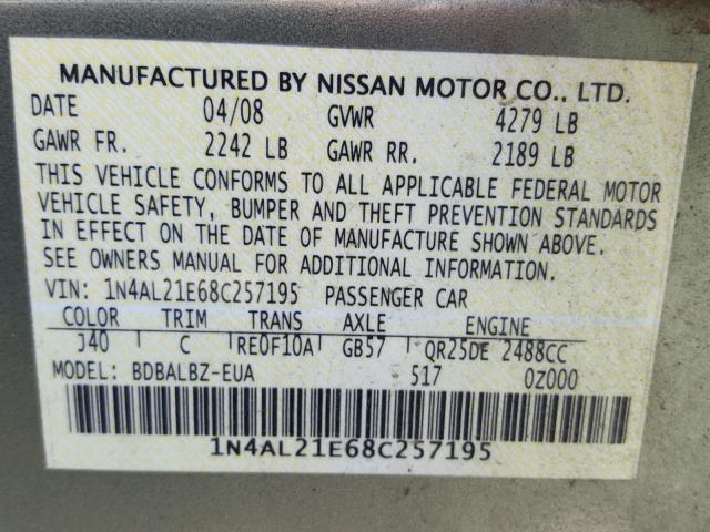 1N4AL21E68C257195 - 2008 NISSAN ALTIMA 2.5 GREEN photo 10