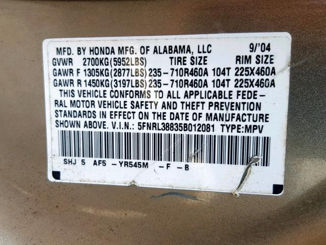 5FNRL38835B012081 - 2005 HONDA ODYSSEY TO GOLD photo 10