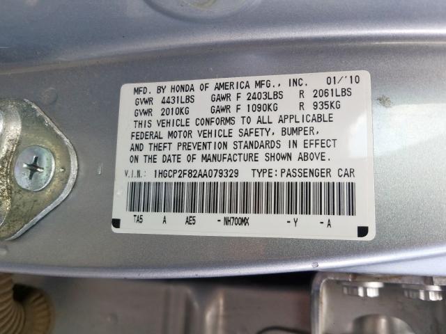 1HGCP2F82AA079329 - 2010 HONDA ACCORD EXL  photo 10