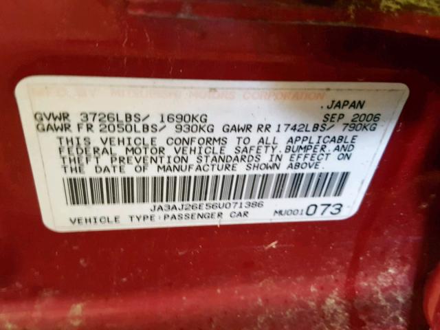 JA3AJ26E56U071386 - 2006 MITSUBISHI LANCER ES RED photo 10