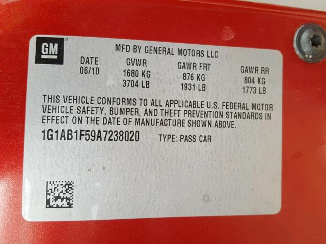 1G1AB1F59A7238020 - 2010 CHEVROLET COBALT LS RED photo 10