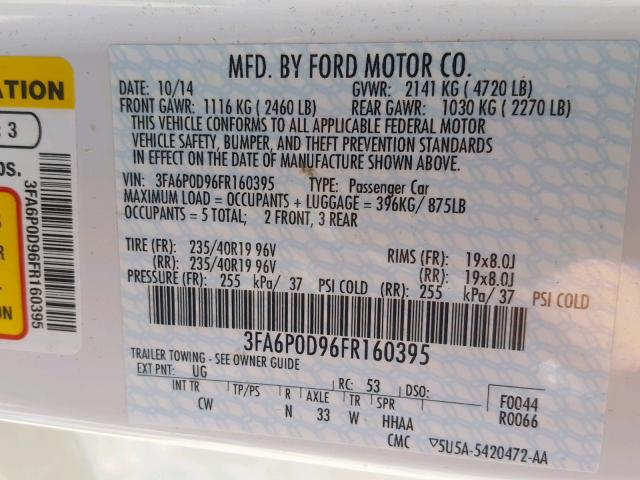 3FA6P0D96FR160395 - 2015 FORD FUSION TIT WHITE photo 10