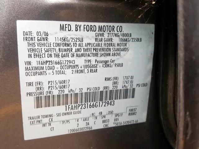 1FAHP23166G172943 - 2006 FORD FIVE HUNDRED SE  photo 10