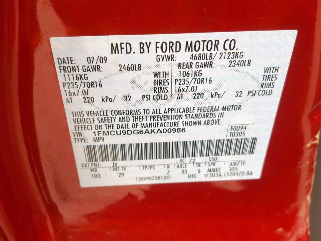 1FMCU9DG6AKA00986 - 2010 FORD ESCAPE XLT RED photo 10