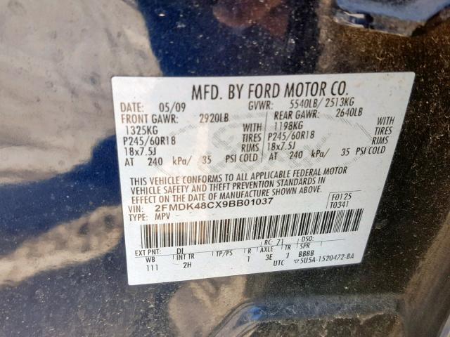 2FMDK48CX9BB01037 - 2009 FORD EDGE SEL BLACK photo 10