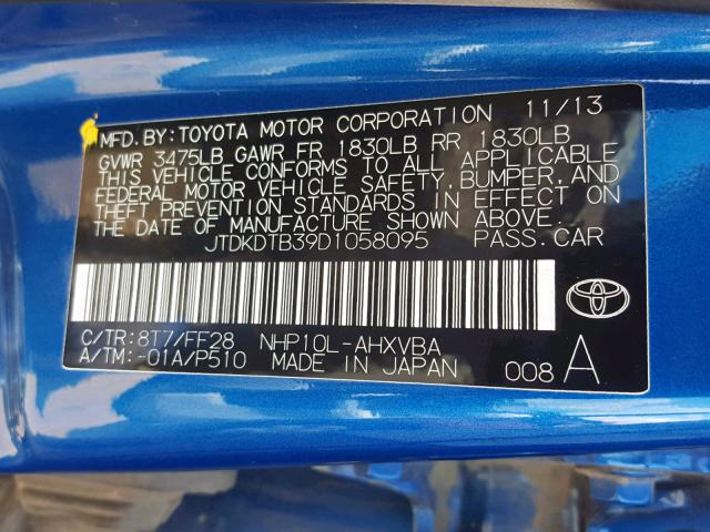 JTDKDTB39D1058095 - 2013 TOYOTA PRIUS C BLUE photo 10