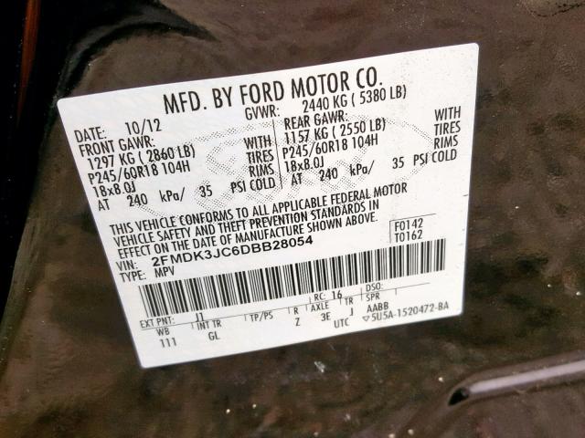 2FMDK3JC6DBB28054 - 2013 FORD EDGE SEL BROWN photo 10