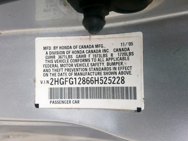 2HGFG12866H525228 - 2006 HONDA CIVIC EX SILVER photo 10