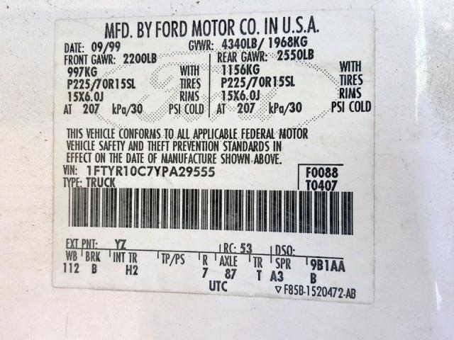 1FTYR10C7YPA29555 - 2000 FORD RANGER WHITE photo 10