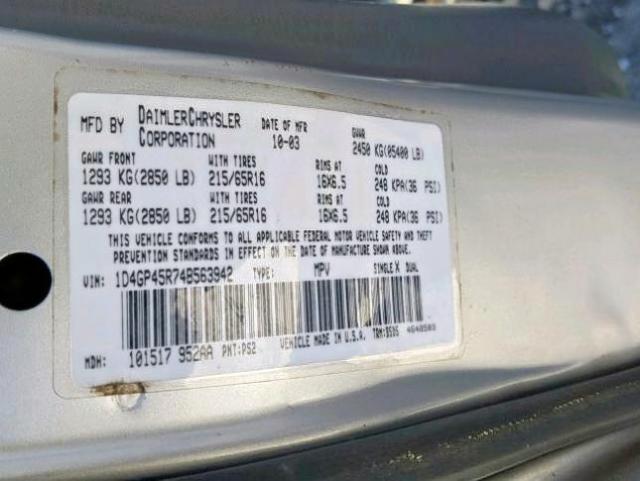 1D4GP45R74B563942 - 2004 DODGE CARAVAN SX SILVER photo 10