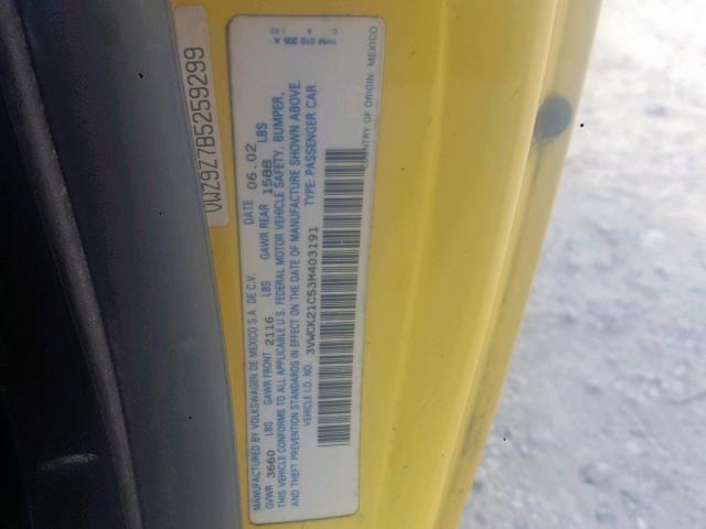3VWCK21C53M403191 - 2003 VOLKSWAGEN NEW BEETLE Sarı foto 10