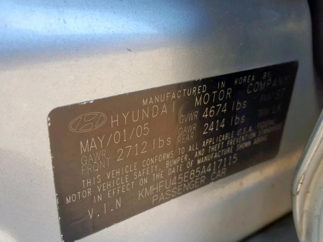 KMHFU45E85A417115 - 2005 HYUNDAI XG 350 SILVER photo 10