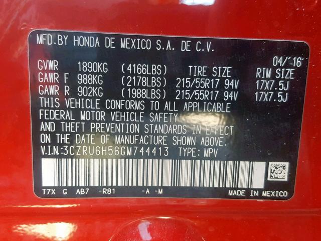 3CZRU6H56GM744413 - 2016 HONDA HR-V EX RED photo 10