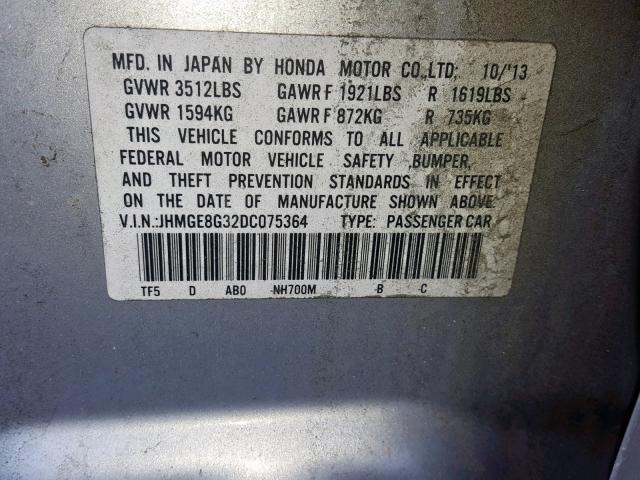 JHMGE8G32DC075364 - 2013 HONDA FIT SILVER photo 10