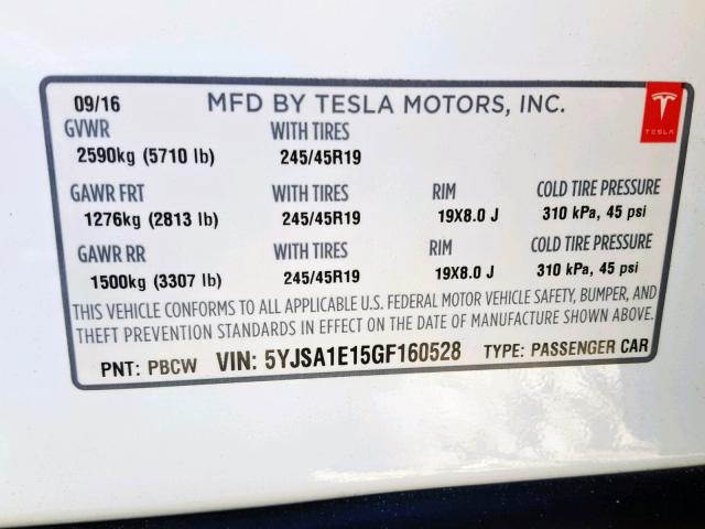 5YJSA1E15GF160528 - 2016 TESLA MODEL S WHITE photo 10