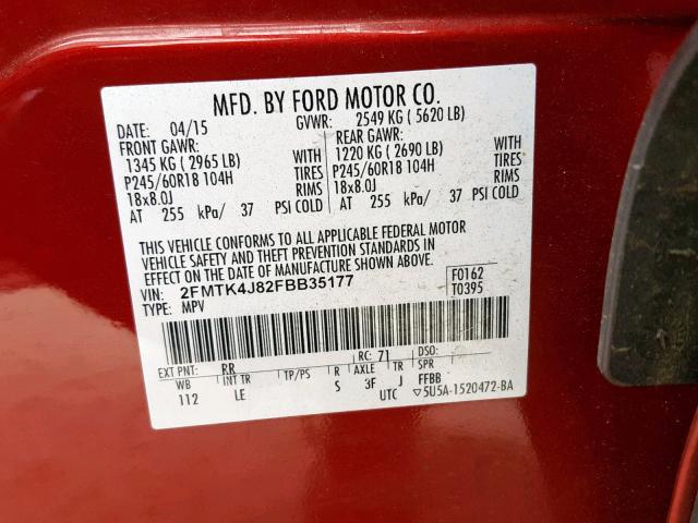 2FMTK4J82FBB35177 - 2015 FORD EDGE SEL RED photo 10