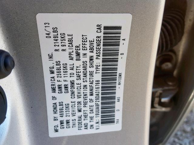 19UUA8F29DA016768 - 2013 ACURA TL SILVER photo 10