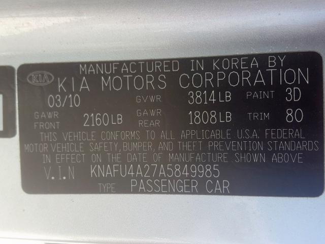 KNAFU4A27A5849985 - 2010 KIA FORTE EX  photo 10