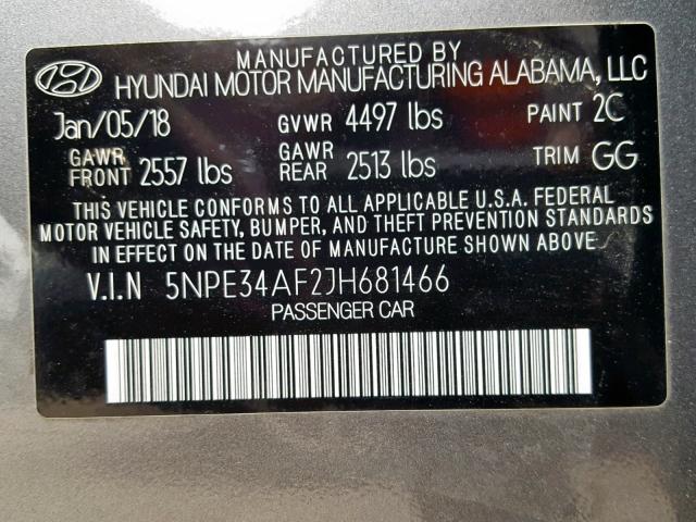 5NPE34AF2JH681466 - 2018 HYUNDAI SONATA SPO GRAY photo 10