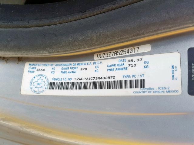 3VWCP21C73M402870 - 2003 VOLKSWAGEN NEW BEETLE ვერცხლისფერი ფოტო 10