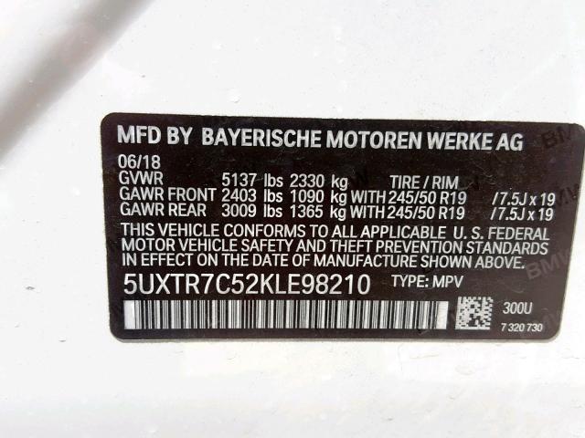 5UXTR7C52KLE98210 - 2019 BMW X3 SDRIVE3 WHITE photo 10