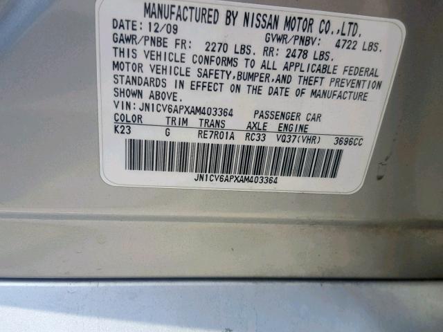 JN1CV6APXAM403364 - 2010 INFINITI G37 BASE SILVER photo 10