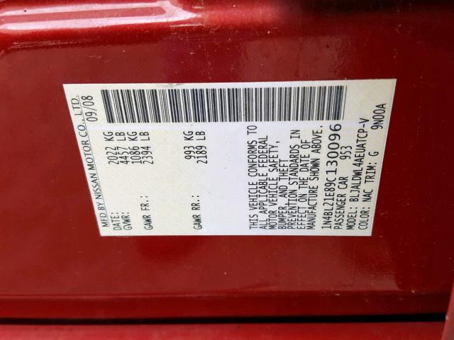 1N4BL21E89C130096 - 2009 NISSAN ALTIMA 3.5 RED photo 10