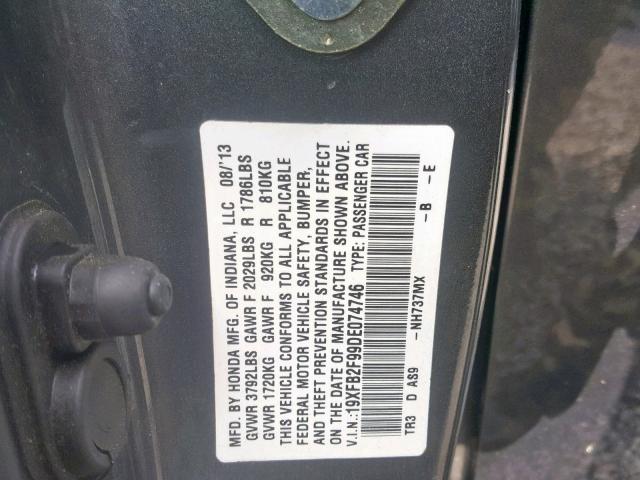 19XFB2F99DE074746 - 2013 HONDA CIVIC EXL ნაცრისფერი ფოტო 10