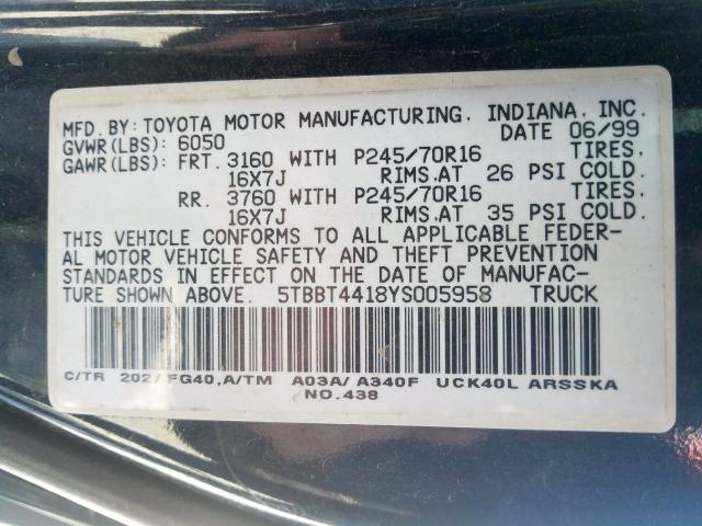 5TBBT4418YS005958 - 2000 TOYOTA TUNDRA ACCESS CAB  photo 10