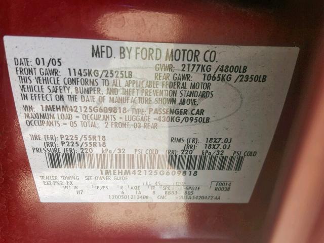 1MEHM42125G609818 - 2005 MERCURY MONTEGO PR 红色 照片 10
